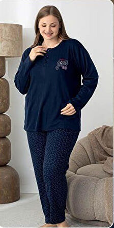 Lindros Kadın Pamuk'lu Düğme Yaka Raporlu İnterlok KIŞLIK Battal Pijama Takımı 05147 - 1 Adet