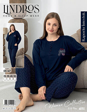 Lindros Kadın Pamuk'lu Düğme Yaka Raporlu İnterlok KIŞLIK Battal Pijama Takımı 05147 - 1 Adet