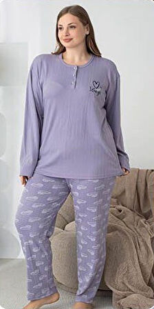Lindros Kadın Pamuk'lu Düğme Yaka Raporlu İnterlok KIŞLIK Battal Pijama Takımı 05150 - 1 Adet