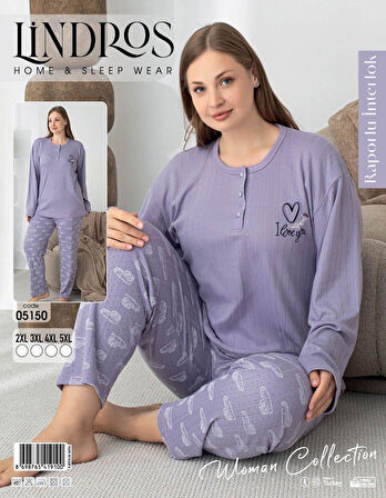 Lindros Kadın Pamuk'lu Düğme Yaka Raporlu İnterlok KIŞLIK Battal Pijama Takımı 05150 - 1 Adet