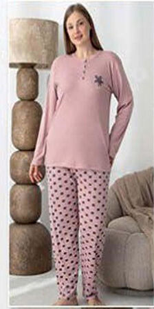 Lindros Kadın Pamuk'lu Düğme Yaka Raporlu İnterlok KIŞLIK Battal Pijama Takımı 05152 - 1 Adet