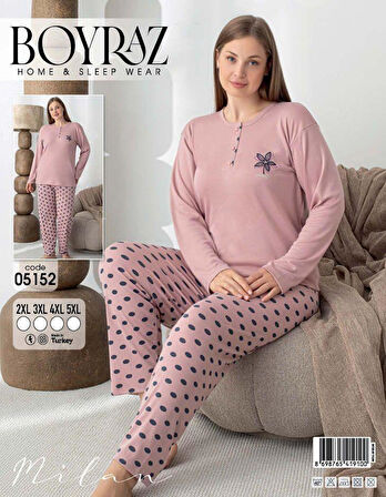 Lindros Kadın Pamuk'lu Düğme Yaka Raporlu İnterlok KIŞLIK Battal Pijama Takımı 05152 - 1 Adet