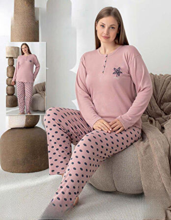 Lindros Kadın Pamuk'lu Düğme Yaka Raporlu İnterlok KIŞLIK Battal Pijama Takımı 05152 - 1 Adet