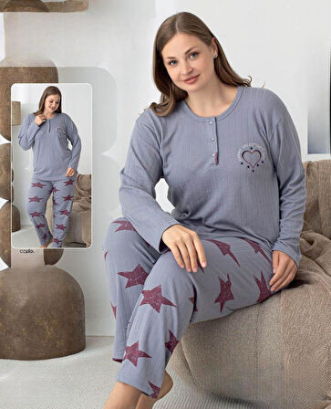 Lindros Kadın Pamuk'lu Düğme Yaka Raporlu İnterlok KIŞLIK Battal Pijama Takımı 05144 - 1 Adet 