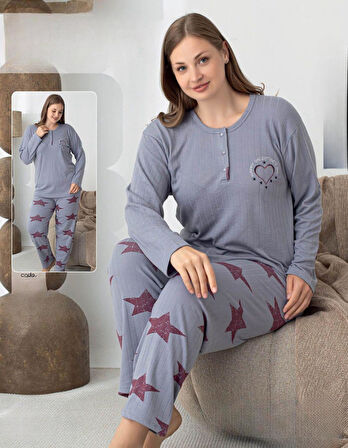 Lindros Kadın Pamuk'lu Düğme Yaka Raporlu İnterlok KIŞLIK Battal Pijama Takımı 05144 - 1 Adet 