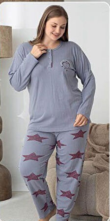 Lindros Kadın Pamuk'lu Düğme Yaka Raporlu İnterlok KIŞLIK Battal Pijama Takımı 05144 - 1 Adet 