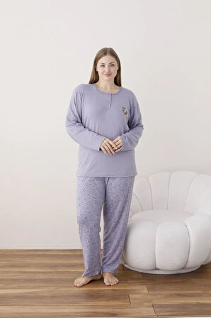 Lindros Kadın Pamuk'lu Düğme Yaka Raporlu İnterlok KIŞLIK Battal Pijama Takımı 05113 - 1 Adet 