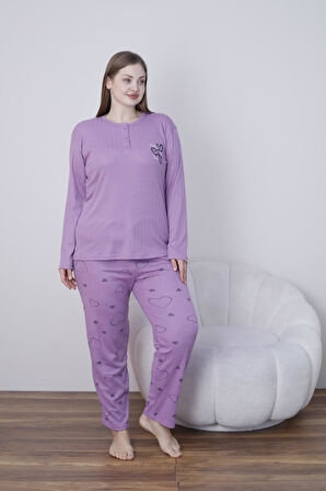 Lindros Kadın Pamuk'lu Düğme Yaka Raporlu İnterlok KIŞLIK Battal Pijama Takımı 05141 - 1 Adet 