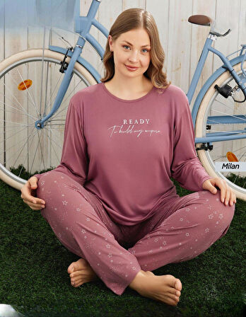 Pijamoni Kadın Milan Büyük Beden Bisiklet Yaka Uzun Kol İnce Pijama Takımı 7666/26 - 1 Adet