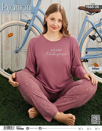 Pijamoni Kadın Milan Büyük Beden Bisiklet Yaka Uzun Kol İnce Pijama Takımı 7666/26 - 1 Adet