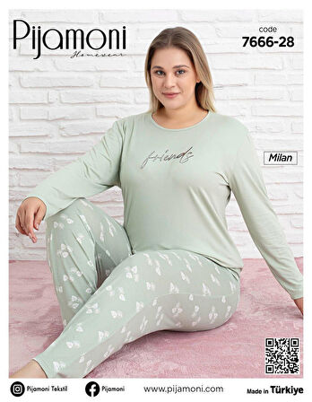 Pijamoni Kadın Milan Büyük Beden Bisiklet Yaka Uzun Kol İnce Pijama Takımı 7666/28 - 1 Adet