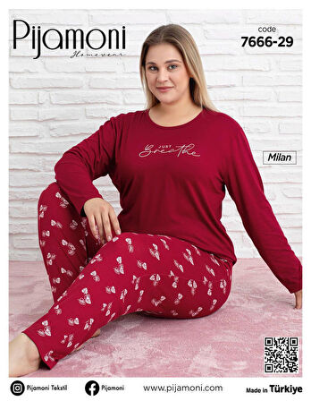 Pijamoni Kadın Milan Büyük Beden Bisiklet Yaka Uzun Kol İnce Pijama Takımı 7666/29 - 1 Adet