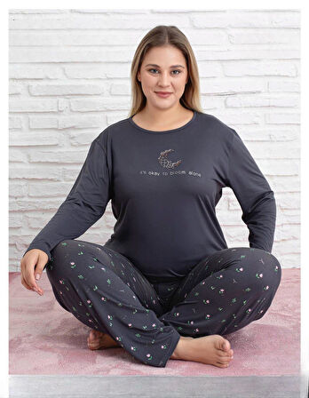 Pijamoni Kadın Milan Büyük Beden Bisiklet Yaka Uzun Kol İnce Pijama Takımı 7666/30 - 1 Adet