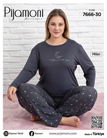 Pijamoni Kadın Milan Büyük Beden Bisiklet Yaka Uzun Kol İnce Pijama Takımı 7666/30 - 1 Adet