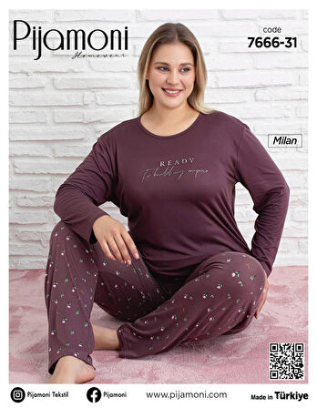 Pijamoni Kadın Milan Büyük Beden Bisiklet Yaka Uzun Kol İnce Pijama Takımı 7666/31 - 1 Adet