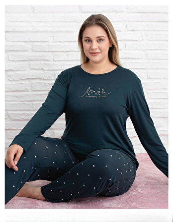 Pijamoni Kadın Milan Büyük Beden Bisiklet Yaka Uzun Kol İnce Pijama Takımı 7666/33 - 1 Adet