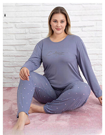 Pijamoni Kadın Milan Büyük Beden Bisiklet Yaka Uzun Kol İnce Pijama Takımı 7666/34 - 1 Adet