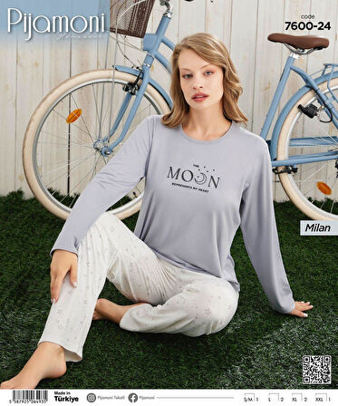 Pijamoni Kadın Milan Bisiklet Yaka Uzun Kol İnce Pijama Takımı 7600/24 - 1 Adet