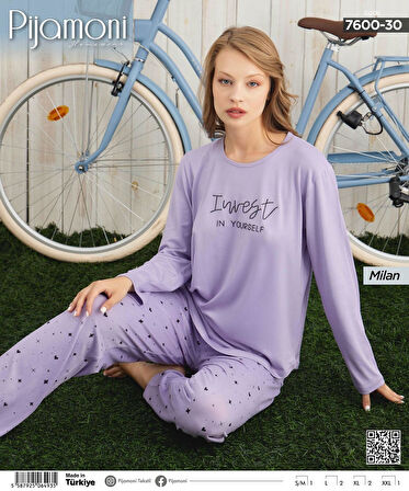 Pijamoni Kadın Milan Bisiklet Yaka Uzun Kol İnce Pijama Takımı 7600/30 - 1 Adet