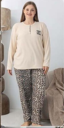 Lindros Kadın Pamuk'lu Düğme Yaka Raporlu İnterlok KIŞLIK Battal Pijama Takımı 05160 - 1 Adet 