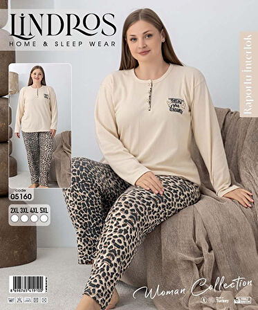 Lindros Kadın Pamuk'lu Düğme Yaka Raporlu İnterlok KIŞLIK Battal Pijama Takımı 05160 - 1 Adet 