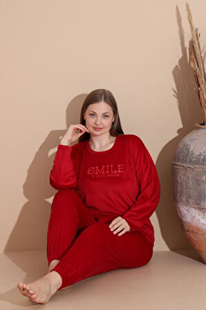 Boyraz Kadın KIŞLIK Fransız Kadife Büyük Beden Bisiklet Yaka Uzun Kol Pijama Takımı 03130 - 1 Adet