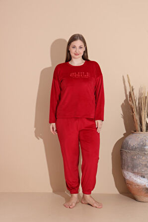 Boyraz Kadın KIŞLIK Fransız Kadife Büyük Beden Bisiklet Yaka Uzun Kol Pijama Takımı 03130 - 1 Adet