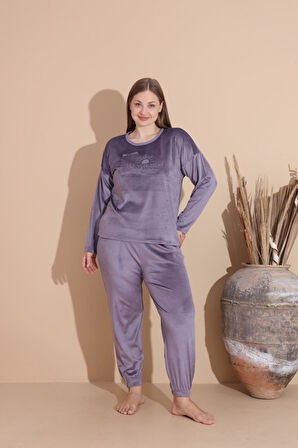 Boyraz Kadın KIŞLIK Fransız Kadife Büyük Beden Bisiklet Yaka Uzun Kol Pijama Takımı 03139 - 1 Adet