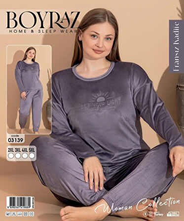 Boyraz Kadın KIŞLIK Fransız Kadife Büyük Beden Bisiklet Yaka Uzun Kol Pijama Takımı 03139 - 1 Adet