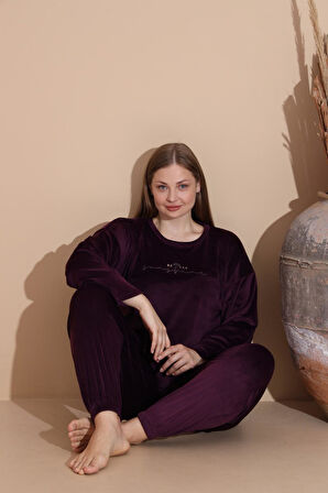 Boyraz Kadın KIŞLIK Fransız Kadife Büyük Beden Bisiklet Yaka Uzun Kol Pijama Takımı 03143 - 1 Adet