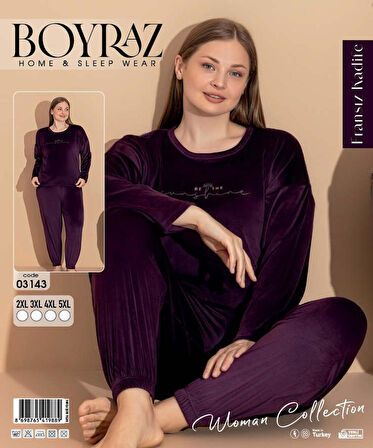 Boyraz Kadın KIŞLIK Fransız Kadife Büyük Beden Bisiklet Yaka Uzun Kol Pijama Takımı 03143 - 1 Adet