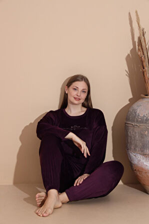 Boyraz Kadın KIŞLIK Fransız Kadife Büyük Beden Bisiklet Yaka Uzun Kol Pijama Takımı 03143 - 1 Adet