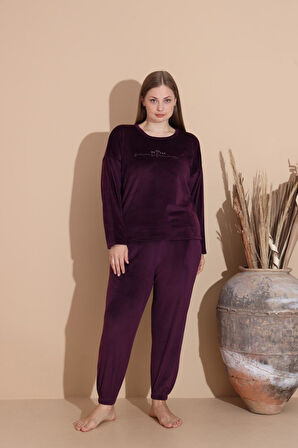 Boyraz Kadın KIŞLIK Fransız Kadife Büyük Beden Bisiklet Yaka Uzun Kol Pijama Takımı 03143 - 1 Adet