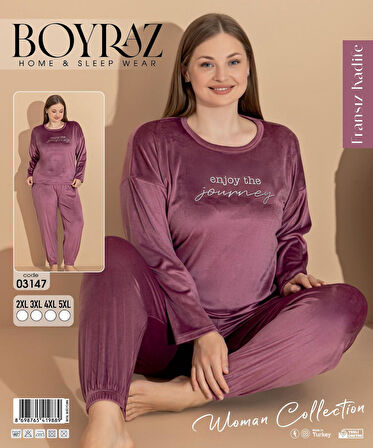 Boyraz Kadın KIŞLIK Fransız Kadife Büyük Beden Bisiklet Yaka Uzun Kol Pijama Takımı 03147 - 1 Adet