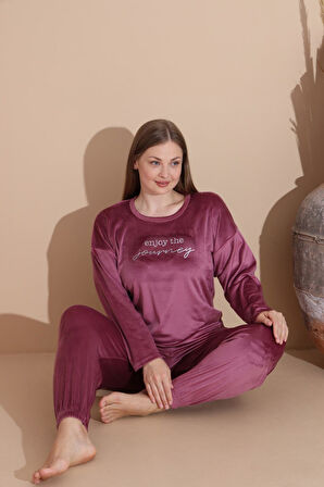 Boyraz Kadın KIŞLIK Fransız Kadife Büyük Beden Bisiklet Yaka Uzun Kol Pijama Takımı 03147 - 1 Adet