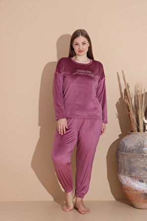 Boyraz Kadın KIŞLIK Fransız Kadife Büyük Beden Bisiklet Yaka Uzun Kol Pijama Takımı 03147 - 1 Adet