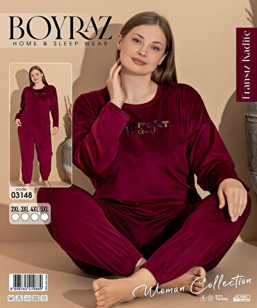 Boyraz Kadın KIŞLIK Fransız Kadife Büyük Beden Bisiklet Yaka Uzun Kol Pijama Takımı 03148 - 1 Adet