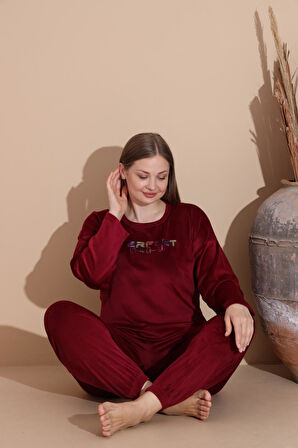 Boyraz Kadın KIŞLIK Fransız Kadife Büyük Beden Bisiklet Yaka Uzun Kol Pijama Takımı 03148 - 1 Adet