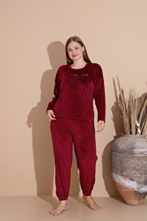 Boyraz Kadın KIŞLIK Fransız Kadife Büyük Beden Bisiklet Yaka Uzun Kol Pijama Takımı 03148 - 1 Adet