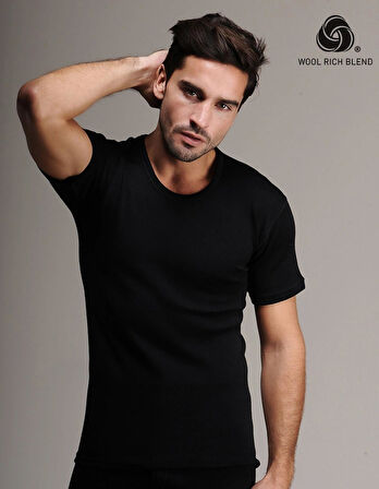 Hasyün Erkek %61 Siyah Yün Kısa Kollu Fanila Atlet Ve Uzun Don İçlik Takım 4000/4001- 1 Set