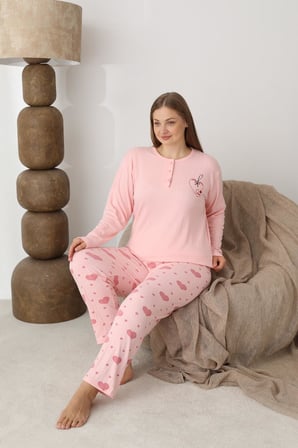 Lindros Kadın Pamuk'lu Düğme Yaka Raporlu İnterlok KIŞLIK Battal Pijama Takımı 0110 - 1 Adet 