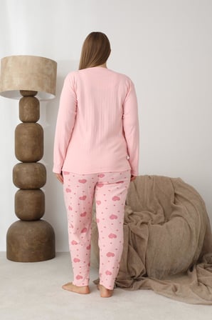 Lindros Kadın Pamuk'lu Düğme Yaka Raporlu İnterlok KIŞLIK Battal Pijama Takımı 0110 - 1 Adet 