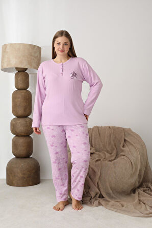 Lindros Kadın Pamuk'lu Düğme Yaka Raporlu İnterlok KIŞLIK Battal Pijama Takımı 05164 - 1 Adet 
