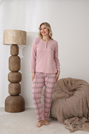 Lindros Kadın Pamuk'lu Düğme Yaka Raporlu İnterlok KIŞLIK Pijama Takımı 0108 - 1 Adet  