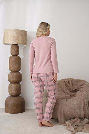 Lindros Kadın Pamuk'lu Düğme Yaka Raporlu İnterlok KIŞLIK Pijama Takımı 0108 - 1 Adet  