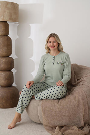 Lindros Kadın Pamuk'lu Düğme Yaka Raporlu İnterlok KIŞLIK Pijama Takımı 0111 - 1 Adet 