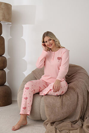 Lindros Kadın Pamuk'lu Düğme Yaka Raporlu İnterlok KIŞLIK Pijama Takımı 0112 - 1 Adet 