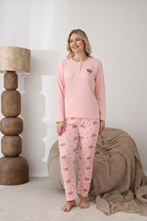 Lindros Kadın Pamuk'lu Düğme Yaka Raporlu İnterlok KIŞLIK Pijama Takımı 0112 - 1 Adet 