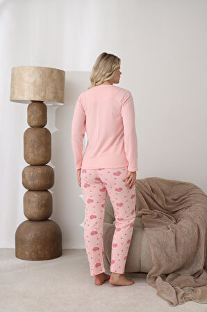 Lindros Kadın Pamuk'lu Düğme Yaka Raporlu İnterlok KIŞLIK Pijama Takımı 0112 - 1 Adet 