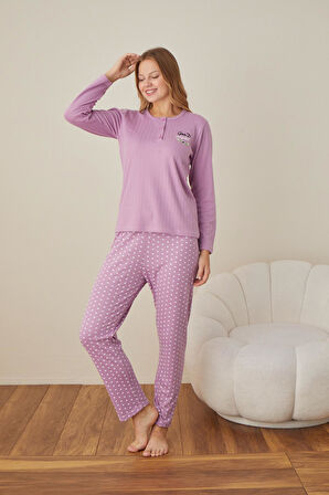 Lindros Kadın Pamuk'lu Düğme Yaka Raporlu İnterlok KIŞLIK Pijama Takımı 05002 - 1 Adet 